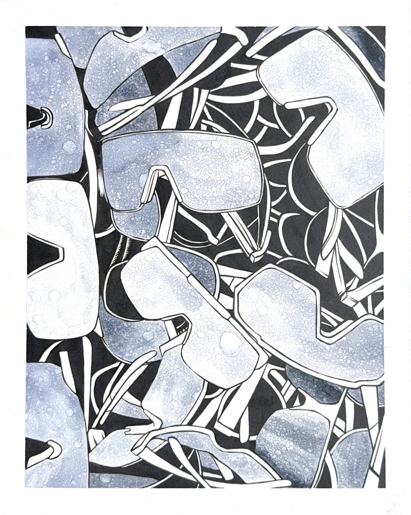 Ink illustration pattern of stacked performance cycling sunglasses in black and light blue
