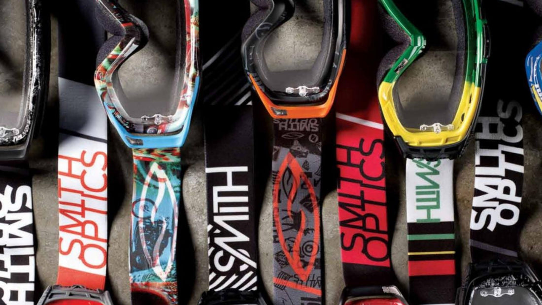 Smith mountain bike goggles laid out to show the designs on the goggle straps. 