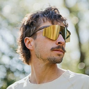 Man wearing Defy shield sunglasses