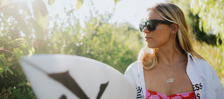 Surfer, Zoe McDougall, wearing Lowdown 2 sunglasses